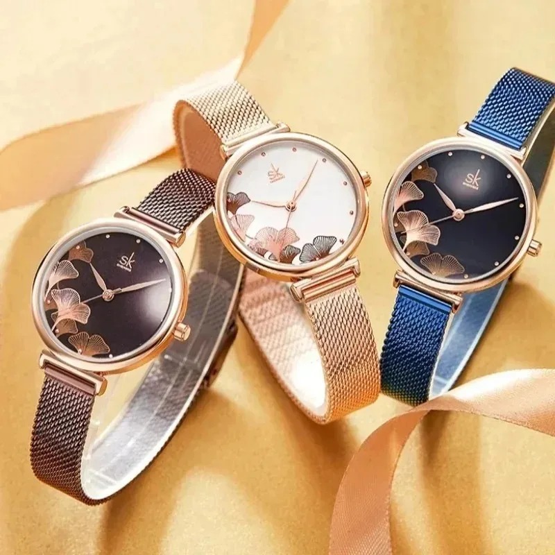 Luxury Watch Gift For Her - ساعة نسائية فاخرة بتصميم أوراق الجنكغو،